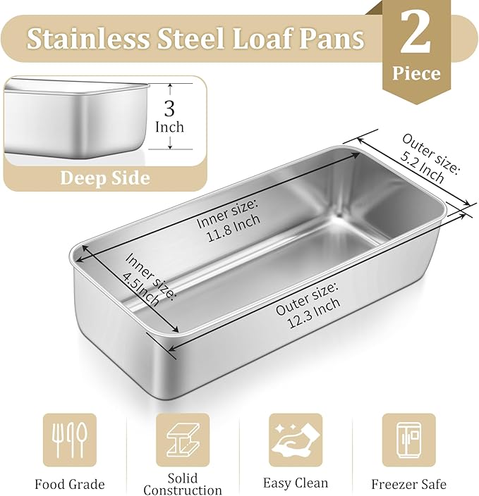 TeamFar Loaf Pan, 12 x 5 Inch Stainless Steel Loaf Pans for Baking Bread, 2 Pack Large Bread Loaf Baking Pan for Homemade Bread, Meatloaf, Cake, Brownies, Non-Toxic, Heavy-duty, Oven & Dishwasher Safe
