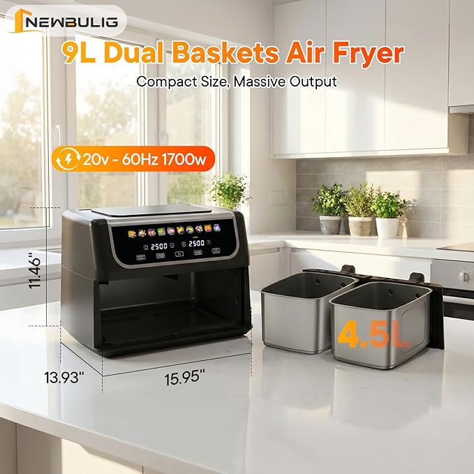 NEWBULIG Dual Air Fryer with 2 Baskets 9.5 QT, 10 in 1 Large Air Fryers with Ceramic Crisper Plate, Match Cook, Sync Finish, Shake Reminder, 80-450°F Wide Temp, Roast, Defrost, Dehydrate, Bake, Black