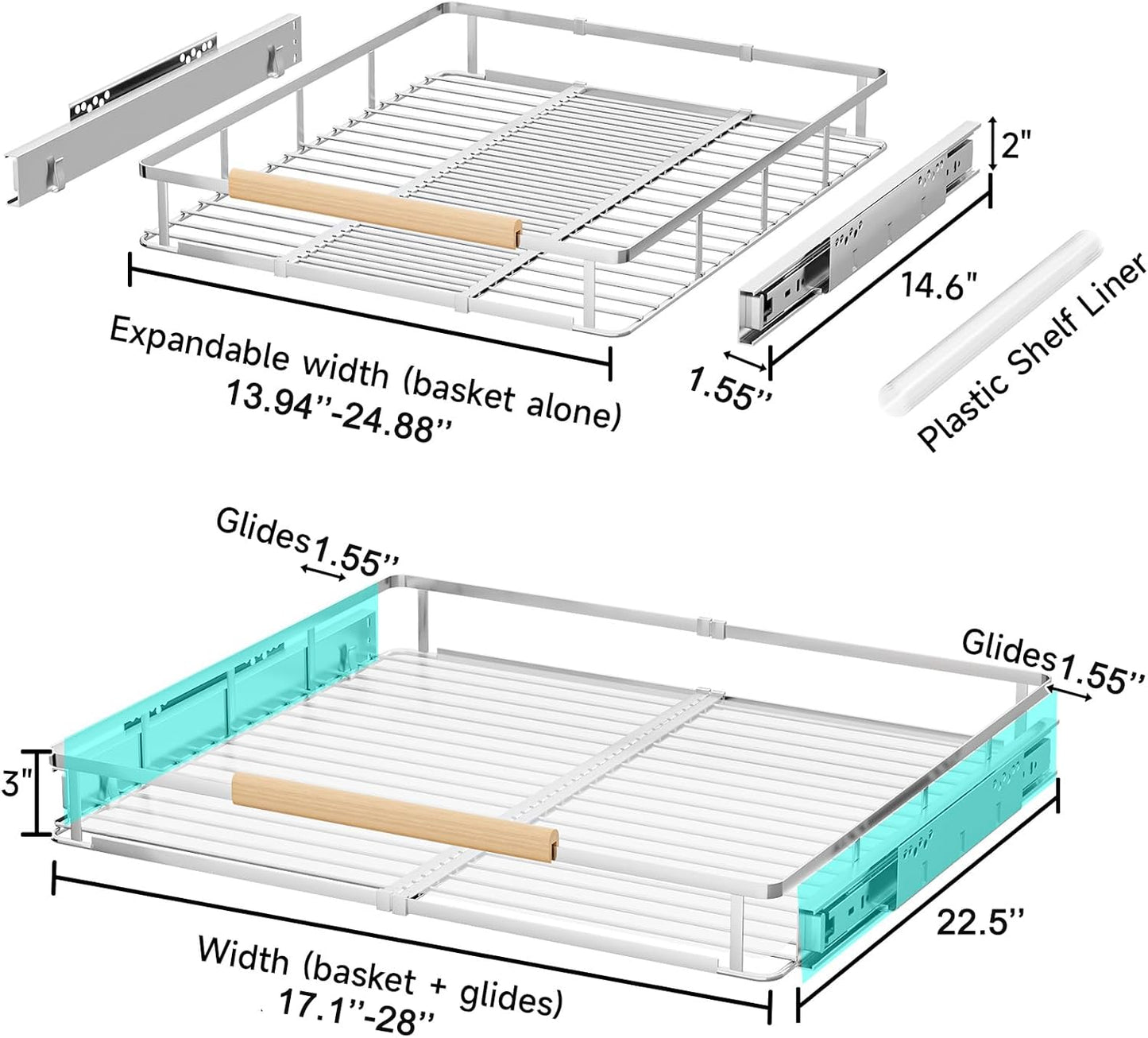 1Pack Expandable Pull Out Cabinet Organizer, Slide Out Drawers for Kitchen Cabinets, Heavy Duty Drawer Slides for Home Kitchen Pantry Cupboard Pots Pans, Adjustable Width 17.1"~28.1" W x 22.5''D