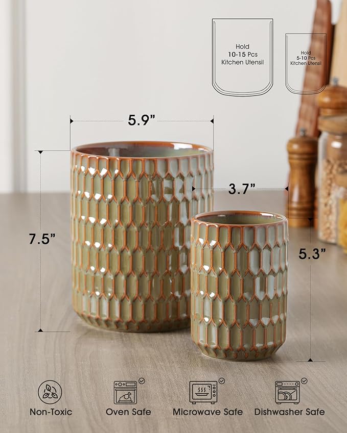 Utensil Holder, 7.5"+5.3" Ceramic Kitchen Utensil Holder for Countertop, Large Cooking Utensil Crock for Kitchen Counter, Set of 2, Green