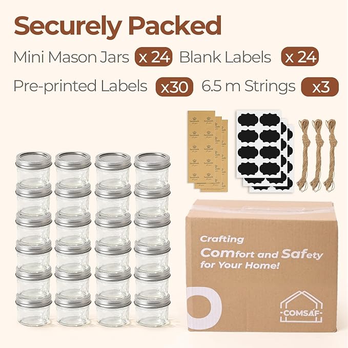 ComSaf Small Regular Mouth Mason Jars Bulk 4oz 24PCS Mini Mason Containers, Small Canning Jars, 4 oz Glass Jar with Lids for Mustards, Dipping Sauces, Jelly, DIY Candle Decor, Wedding Shower Favors