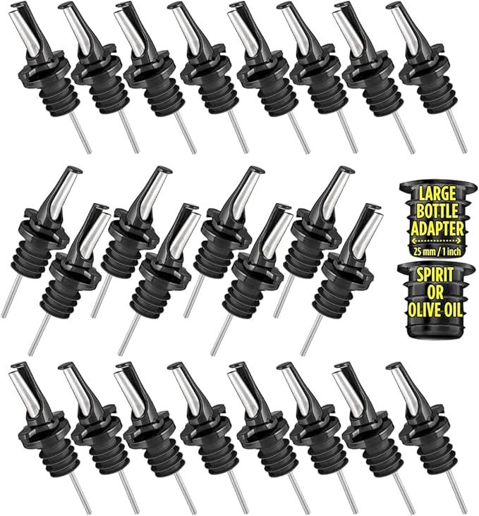 24 Liquor Bottle Pourers - Hygienic ClickSeal Alcohol Speed Pour Spouts - Stops Barfly, Dishwasher Safe. Also for Olive Oil, Juice, Syrup. Black 24Pk with 2 Adapters for Large Bottles