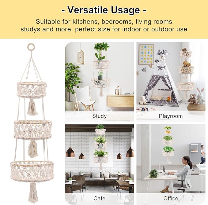 3 Tier Hanging Basket, Macrame Hanging Basket for Fruit and Vegetable Storage, Cotton Rope Woven Baskets for Kitchen, Decorative Boho Decor Hanging Plant Holder