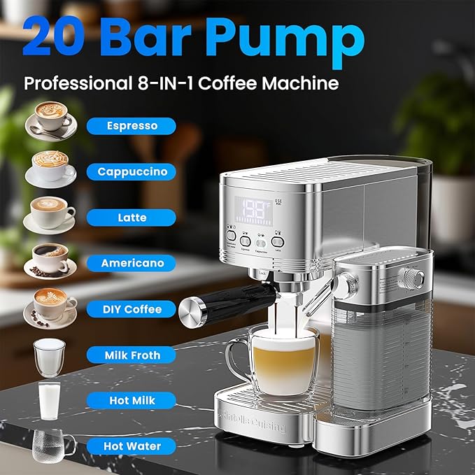 Espresso Machine 20 Bar Temperature Time LED Display Espresso Maker with Stepless Adjustable Automatic Milk Frother for Cappuccino Latte Americano Stainless Steel Coffee Machine with ESE Pod Filter