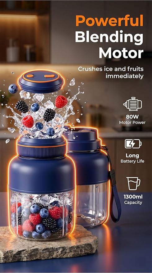 Portable Wireless Juicer Cup - 44 oz Cordless Blender with 38-Blade 18000 RPM High-Speed Motor, USB-C Rechargeable Personal Smoothie Maker for Gym, Travel, and Outdoors (Double Cup-White,44oz)