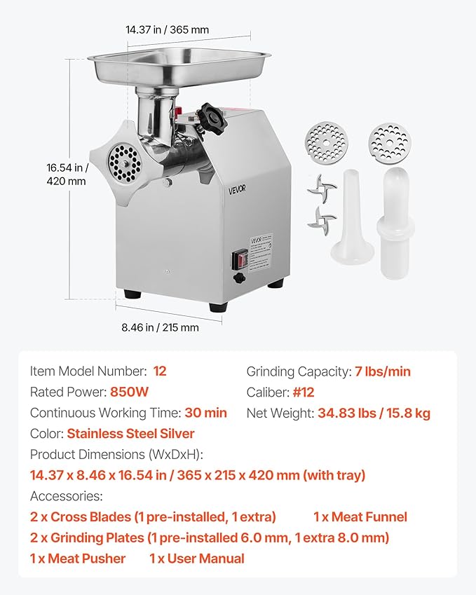 VEVOR Commercial Electric Meat Grinder, 7 lbs/min Capacity, #12 Industrial Meat Mincer with 2 Stainless Steel Blades, 2 Grinding Plates, 850W Heavy-Duty Sausage Maker Stuffer, for Kitchen, Restaurant