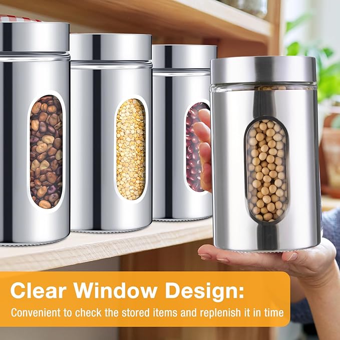 Mimorou 6 Pack Kitchen Canisters Set Airtight Coffee Sugar Tea Candy Storage Jars with Window Glass Stainless Steel Containers with Lids for Flour Cookies Spices Grains Kitchen Decorations(32 oz)