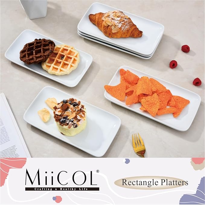 Miicol Small Platters Set of 6, Ceramic Rectangle Plates 9 Inch, Modern Sushi Plate Set, White Serving Dishes for Serving Food, Appetizer, Dessert, Dinner, Party