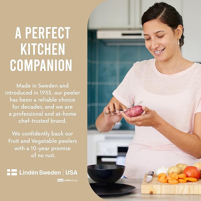 Linden Sweden Soft Grip Peeler - Gray | Rust Resistant Vegetable Peeler with Ergonomic Handle for Safety and Control | Dishwasher Safe Potato Peelers for Kitchen Made in Sweden | 9"L x 2.5"W | 6.5"