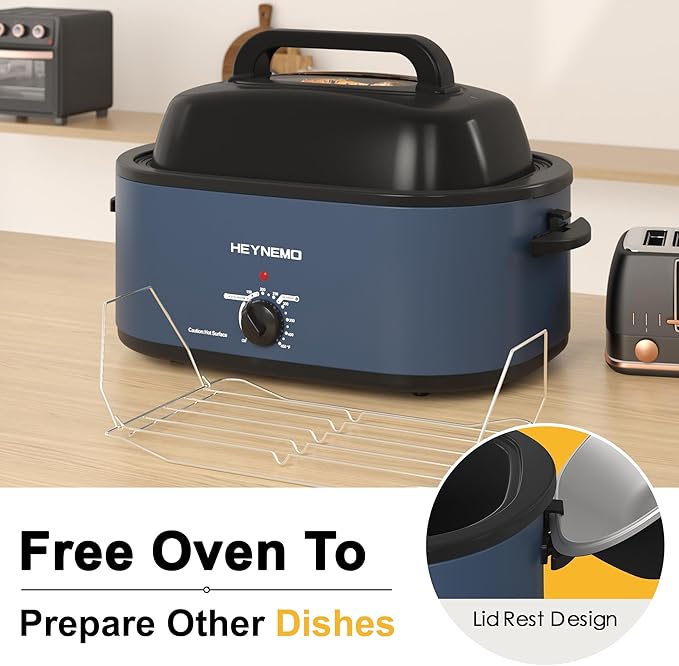 26Qt Turkey Roaster Oven Buffet with Self-Basting Lid, 1450W Electric Roaster Oven with Cool-Touch Handles, with Removable Pan and Rack, Blue
