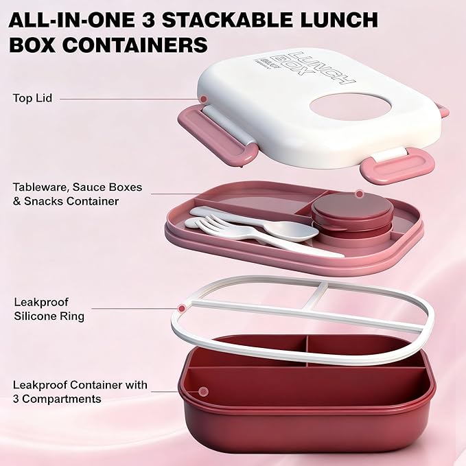 Lunch Bento Box Set - 3 Compartment Containers for Kids and Adults,lunch box for women with Thermo Lunch Bag, Leak-Proof and BPA-Free - Built-in Utensil Set,Sauce - Dishwasher Safe-Claret