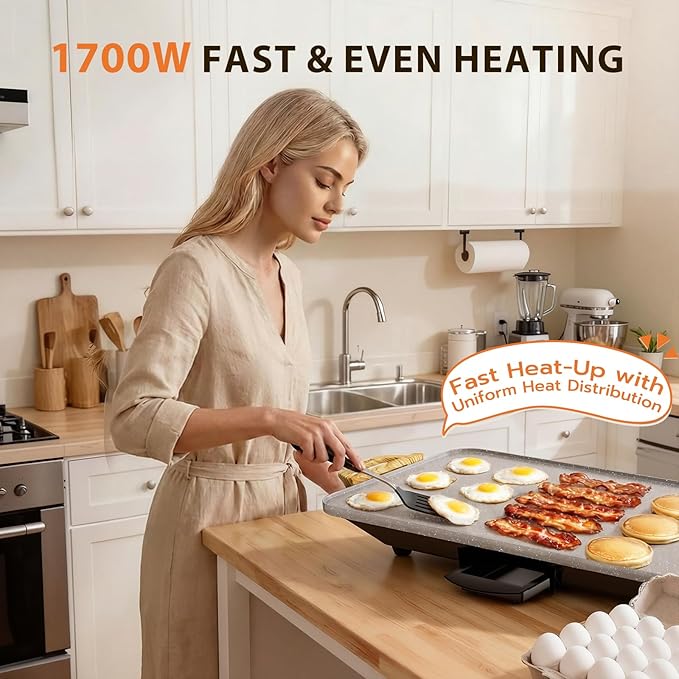 CookSimple Everyday 20"x12" Electric Griddle–1700W Nonstick ILAG Granite Surface, Large Flat Design, Perfect for Family Meals, Pancakes&Eggs, Fast Even Heating, Easy to Clean, Granite Grey