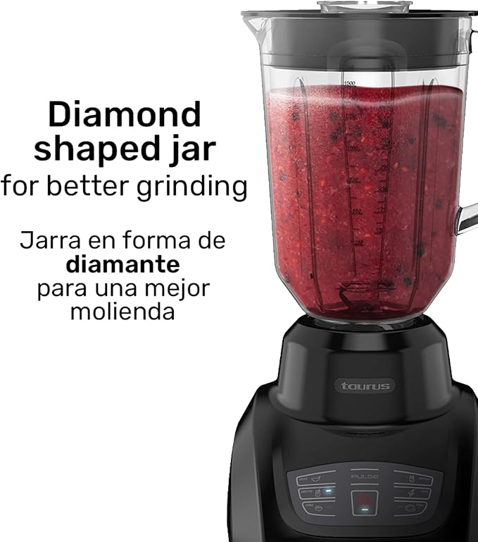 Taurus SEVILLA Countertop Blender | 48 oz Diamond Shaped Glass Jar | Touch Panel Controls with 6 Smart Pre Programmed Settings, 8 Speed Control & pulse function built-in | 550 watts