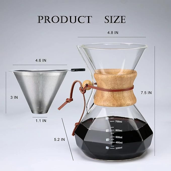 Lalord Pour Over Coffee Maker with Reusable Stainless Steel Filter, 27 oz Borosilicate Glass Coffee Carafe, Wooden Collar, Coffee Maker Carafe, Hold 4-6 Cups, 800 ml, Clear