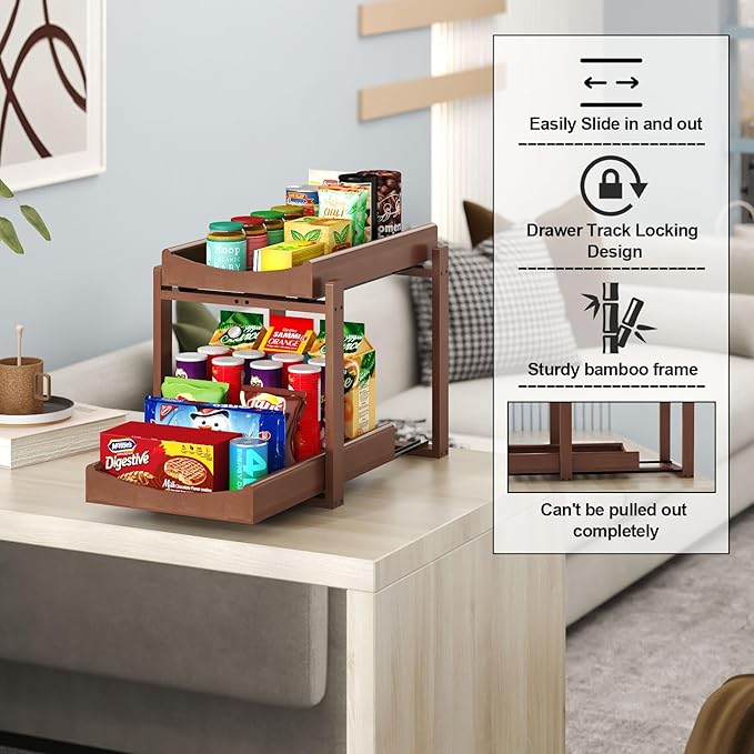 MHXW SXPN Bamboo Under Sink Organizer and Storage, Pull Out Cabinet Organization, 2 Tier Vertical Slide Out Undersink Storage Shelf, Organizer Shelves for Kitchen Bathroom Medicine (Brown, 2 Pack)