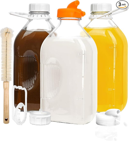 KMIGRUAN 64oz Heavy Duty Glass Milk Bottle with Handle and Airtight Reusable Lids,3Pack Glass Milk Container for Refrigerator,Juice Jugs With 2 Exact Scale Lines