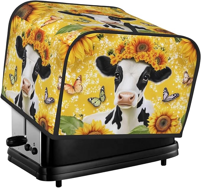 Cow with Sunflower Covers for Toasters 4 Slice,Cute Funny Bread Machine Cover with Handle,Washable Stain Resistant Kitchen Small Appliance Cover Dining Decor
