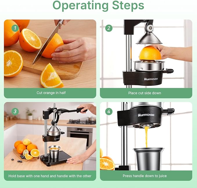 Cast Iron Juicer, 17"Tall & Sturdy Flat Base | Heavy-Duty Manual Hand Press Juicer For Orange Lemon Lime Pomegranate & Citrus, Orange Squeezer, Stainless Steel Cup, Easy to Clean, Black