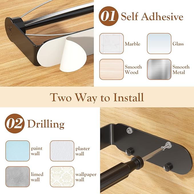 Paper Towel Holder Under Cabinet, Single Hand Operable Wall Mount with Damping Effect, Self-Adhesive or Drilled Paper Roll Holders for Kitchen, Bathroom, RV(2 Towel Robe Hooks)