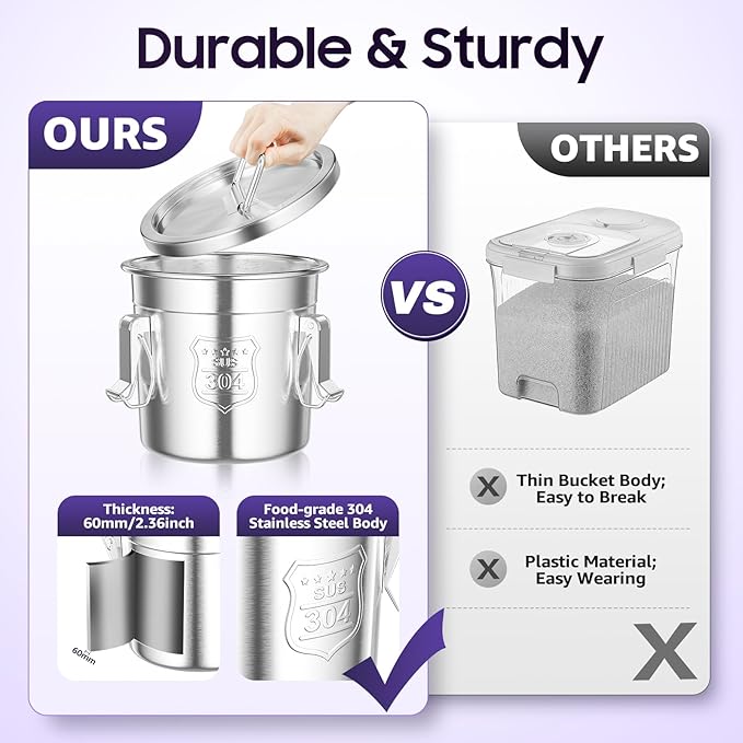304 Stainless Steel Airtight Canister for Kitchen, 1.59Gal Canisters Container with Lids and Sturdy Locking Clamp,Bucket Food Storage Containers Airtight for Flour Coffee Bean Tea (6L)