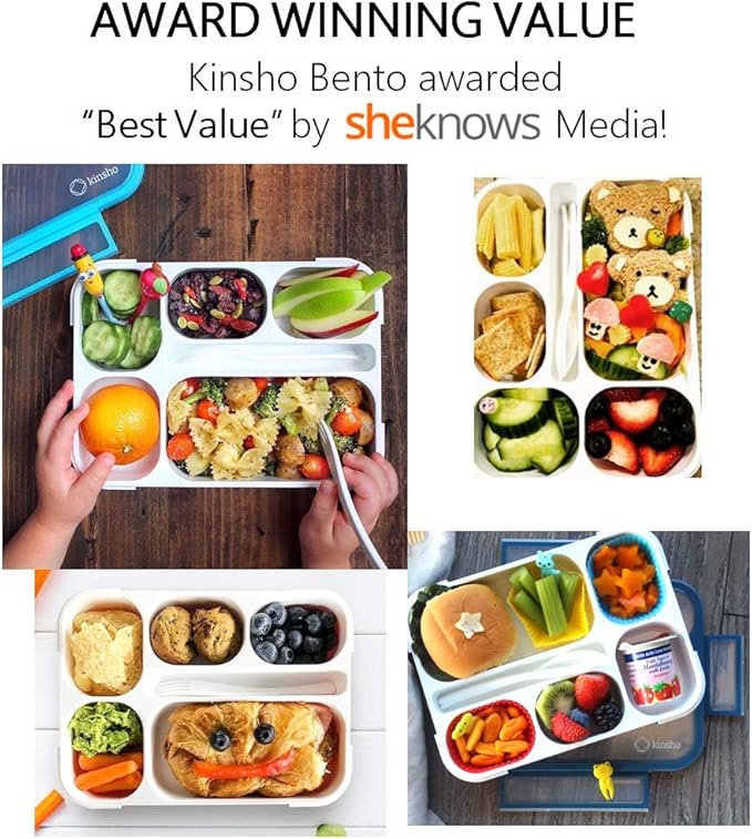 kinsho Bento Lunch-Box Set for Kids Includes Snack Container | 6 and 3 Compartment Boxes Leakproof School Bentos, Meal Portion Control Containers, Boys Girls Adults, Navy Blue Large + MINI 2 Pack Set