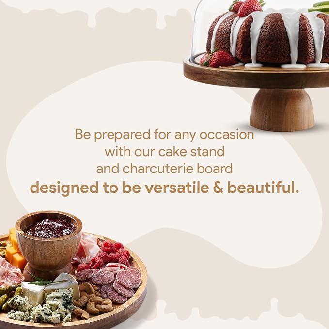 HOMESPHERE Acacia Wood Cake Stand with Lid - Cake Stand with Dome,12in Round Cake Holder, 2-in-1 Dessert Table Display Set & Charcuterie Board for Cheese, Chips & Dips, Fruit Platter, Large Acrylic Cake Dome Cover