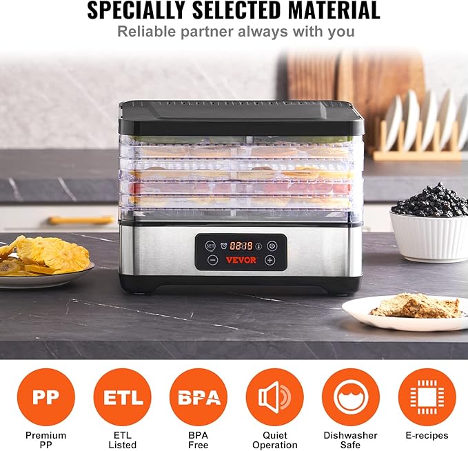 VEVOR Food Dehydrator Machine, 5-Tray Fruit Dehydrator, 300W Electric Food Dryer w/Digital Adjustable Timer & Temperature for Jerky, Herb, Meat, Beef, Fruit, Dog Treats and Vegetables, ETL Listed