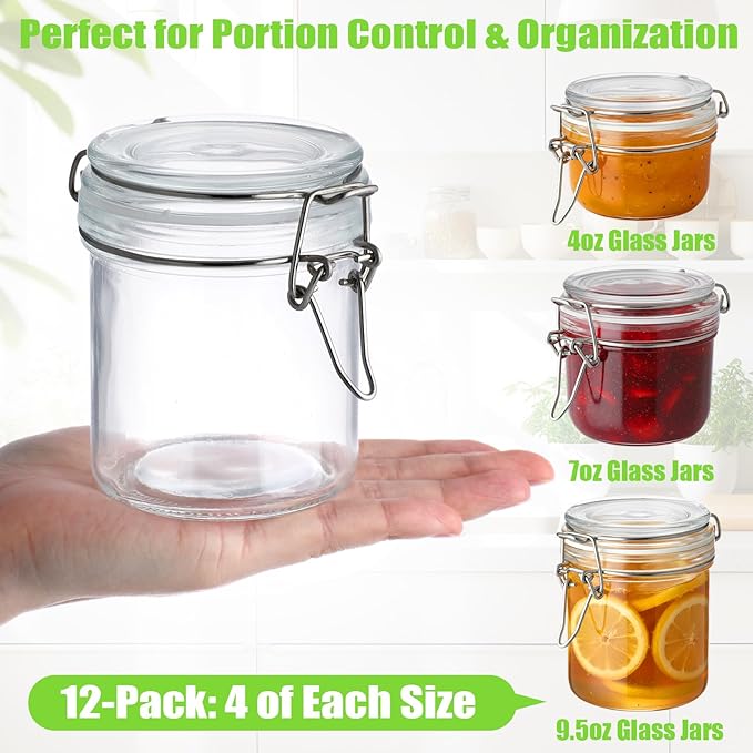 LemonRoad Airtight Glass Jars with Hinged Lids Set of 12, Paired with 2 Chalkboard Labels, Small Mason Jars in 3 Sizes (4/7/9.5oz), Clamp Lock Canisters for Jam, Spice, Honey, Kitchen Organization