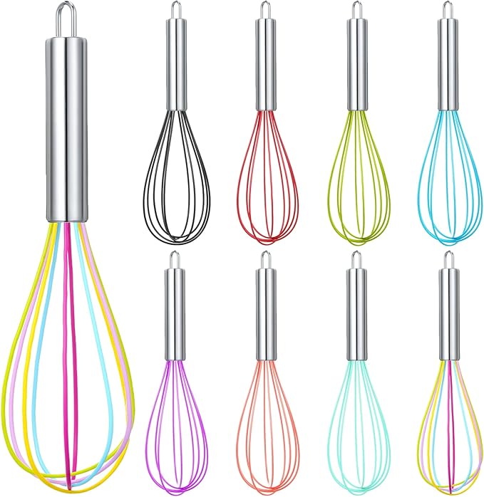 Domensi 8 Pcs 10 Inch Whisks Bulk for Cooking Silicone Whisks Non Scratch Stainless Steel Hand Coated Metal Heat Resistant Egg Beaters for Classroom Cook Party Favor Gift Supplies