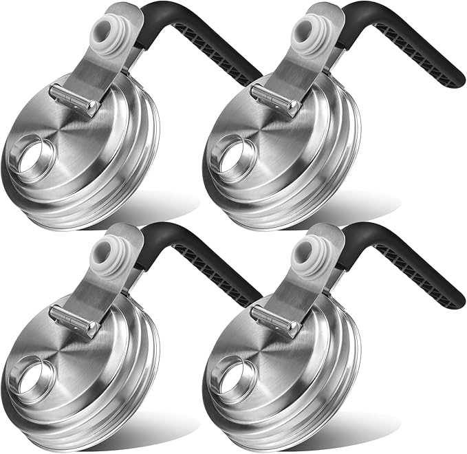 Mason Jar Pour Spout Lid Stainless Steel with Handle, Wide Mouth Pour Spout Flip Cap Lids for Mason Jars, Anticracking Leak Proof Seal Cover Airtight for Drinking Salad Dressing & Food Storing(4PCS)