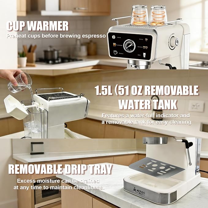 20 Bar Semi-Automatic Espresso Machine, 1350W Fast Heating, 1.5L Removable Water Tank, Milk Frother Steam Wand, Cup Warmer, White, for Home/Office, Coffee Beginners & Baristas