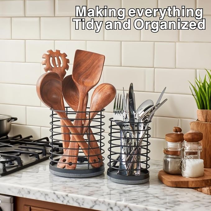 Set of 2 Utensil Holder, Large Metal Kitchen Utensil Holder and Small Silverware Holders with Diatomite Stone Base, Prevents Water Buildup, Utensil Drying Rack for Cooking Tools&Silverware, Black