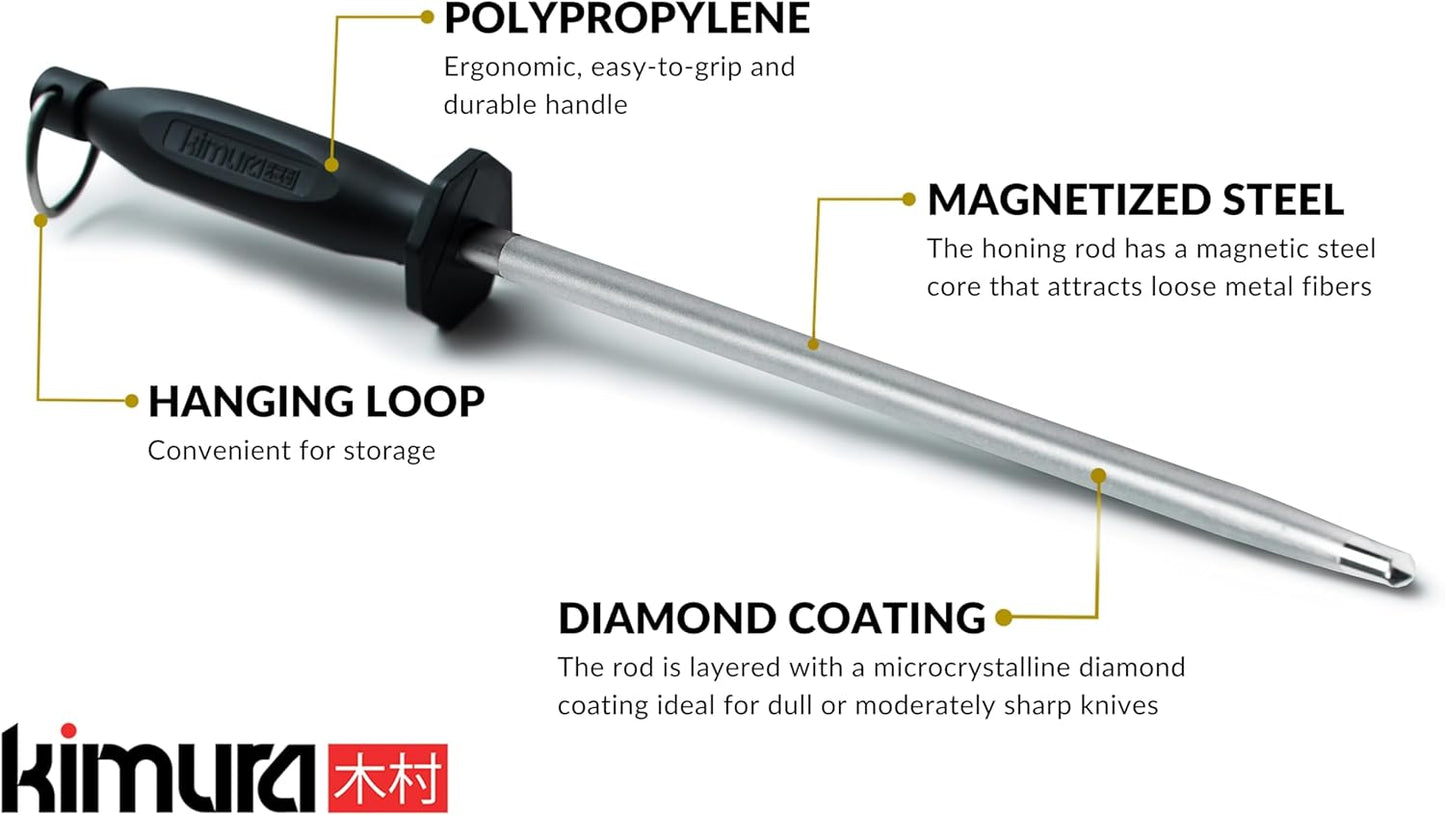 Kimura Professional Diamond Honing Rod, 10 Inch, Silver, Extra Fine Grit, Magnetized, Ergonomic Handle, Versatile Knife Sharpener, Japanese Gift Box