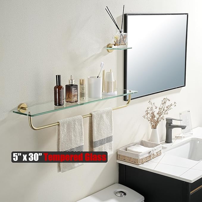 JQK Bathroom Glass Shelf, Shelf with 29 Inch Towel Bar Tempered Glass Shower Storage 30 by 5 inches, 304 Stainless Steel Brushed Gold Wall Mount, TGS100L30-BG