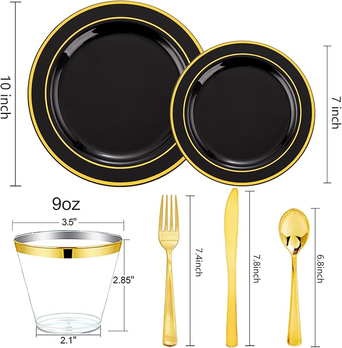 bUCLA 150 Pieces Black and Gold Disposable Dinnerware Set - 25 Guests Black Gold Plastic Plates Include 25 Dinner & 25 Dessert Plates, 25 Spoons, 25 Forks, 25 Knives, 25 Cups for Party & New Year