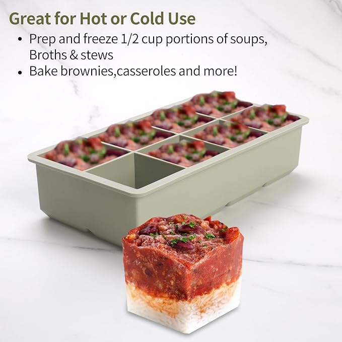 1/2 Cup Silicone Freezer Tray With Lid - Silicone Freezer Molds 2-Pack For meal prep & freezing of various sauces and other dishes, makes 16 perfect 1/2 cup portions cubes（Green 2 Pack）