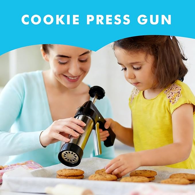Stainless Steel Cookies Press,Cookie Press Gun Kit with 13 Cookie Discs and 8 Piping Tips for DIY Various Cookies Maker