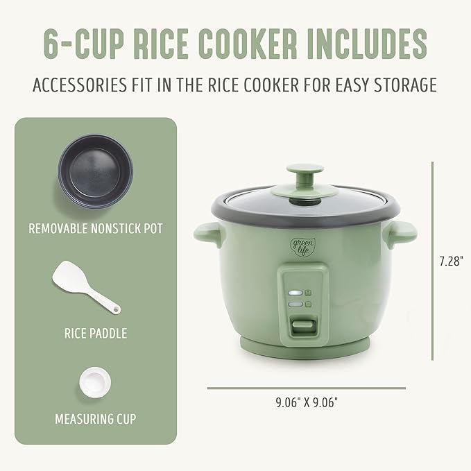 GreenLife Rice Cooker with Removable PFAS-Free Ceramic Nonstick Pot, 3-Cups Uncooked/6-Cups Cooked, Grains & Oatmeal Multicooker, Compact One-Switch Design, Auto Keep Warm, Easy Clean, Sage Green