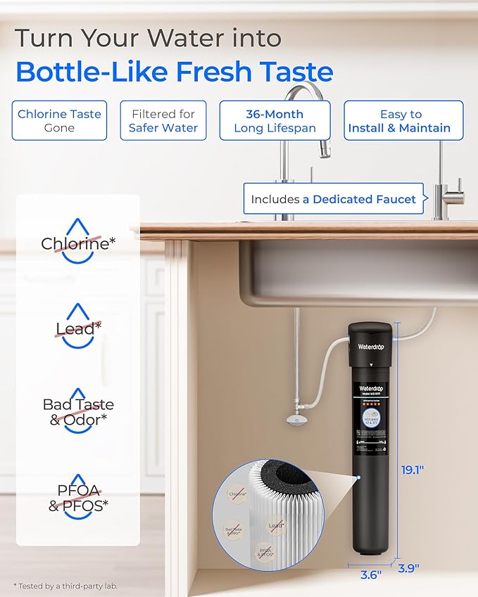 Waterdrop 17UB Under Sink Water Filter, 3 Years, Under Sink Water Filtration System, NSF/ANSI 42 Certified, Reduces PFAS, PFOA/PFOS, Lead, Under Sink Water Filter with Faucet