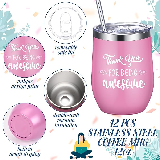 Patelai 60 Pcs 2026 Employee Appreciation Gift Set for Team 12oz Stainless Steel Coffee Mug Colorful Cups with Lid and Straw Pens Card Bags Set for Employees Team Party Supplies