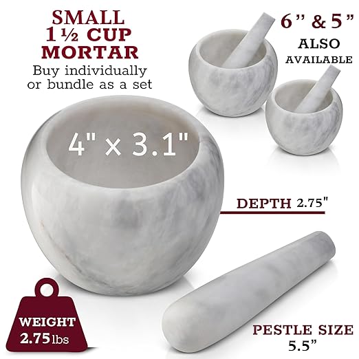 Gusto Nostro Natural Marble Mortar and Pestle Set Small| 4 Inch - 1.5 Cup | Mini Mortar Pestle Set for Grinding Herbs, Nuts, Grains | Pesto Grinding and Guacamole Stone Bowl | Marble Spice Crusher