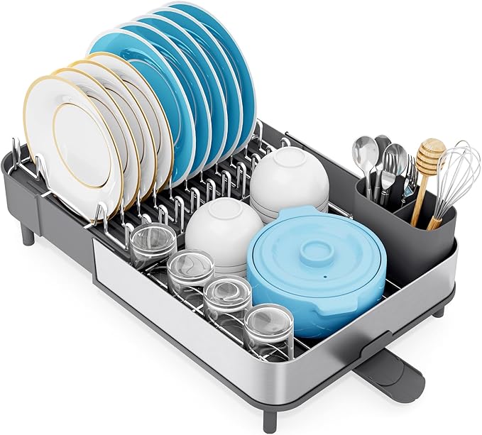 Urackify Dish Drying Rack, 304 Stainless Steel Dish Drainer with Removable Utensil Holder & Drain Board, Rustproof Space-Saving Dish Rack for Kitchen Countertop, Grey