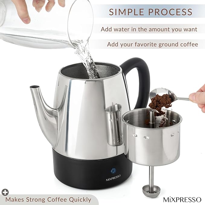 Mixpresso Small Electric Percolator Coffee Pot 4 Cup Stainless Steel - Coffee Percolator Electric with Keep Warm Function - Auto Shut-Off for Safe Daily Brewing