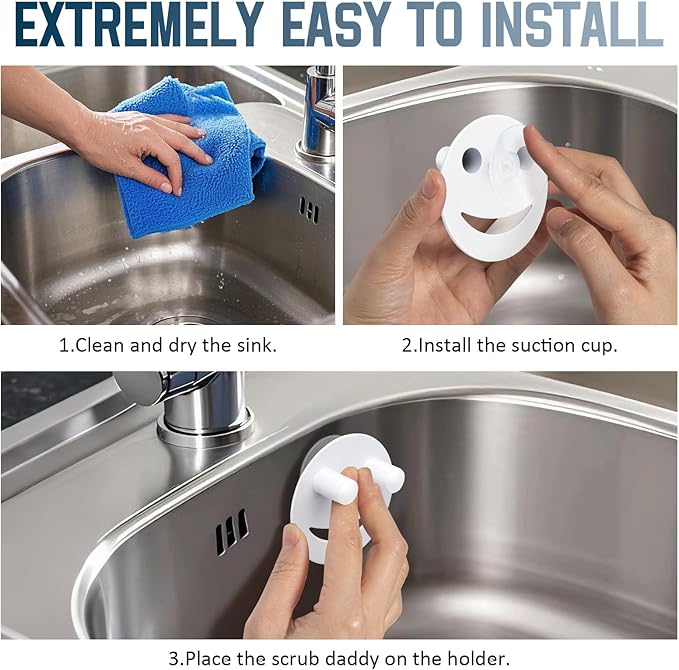 Stainless Steel Smiley Face Sponge Holder, Silver Sink Caddy Organizer Storage with Suction Cup for Kitchen, Kitchen Accessories Decor Scrubber-White