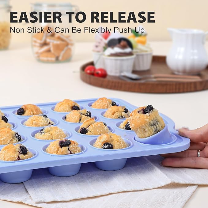 Mini Silicone Muffin Pan with Metal Frame, Non Stick Silicone Cupcake Pan with Handles 24 Cup, BPA Free Silicon Muffin Tin Tray Small for baking, egg bites, Cupcake Mold Blue