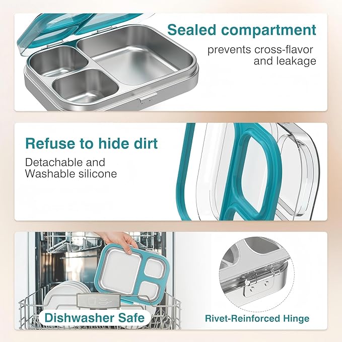 HOMEKOL Stainless Steel Bento Lunch Box, 3-Compartment Leak-Proof Lunch Container for Kids & Adults, BPA/BPS-Free 304 Metal Food Box, Dishwasher Safe, Clear Tritan Lid, Blue (Not Insulated)