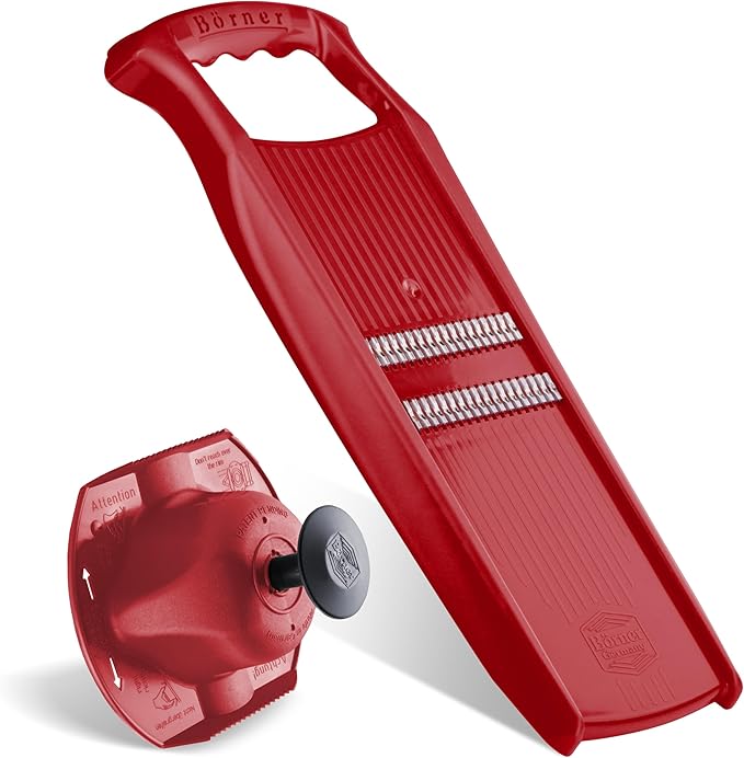 Börner Roko PowerLine Vegetable Slicer Set (2-piece) • Fine Julienne Cutter for Fruit and Vegetables + Safety Guard • Julienne Slicer • Mandoline Slicer Set • Kitchen Slicer (Red)