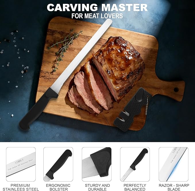 Carving Knife & Slicing Knife - Professional Sharp High Carbon Stainless Steel Blade, Ergonomic Plastic Handle - For Roasts, Turkey, Sashimi, Ham & Meat (S)