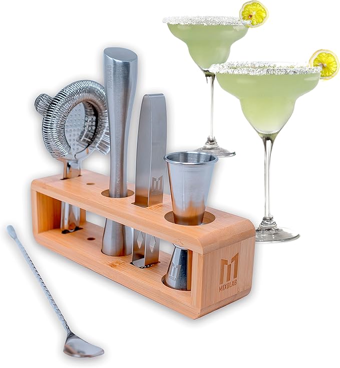 Bar Tool Set, Premium 6-Piece Bartender Tools – Effortlessly Mix Cocktails After a Long Day – Includes Jigger, Strainer, Muddler, Ice Tongs, Spoon, and Holder (Shaker Not Included)