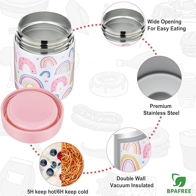Itslife Bento Lunch Box Set for Kids with 12oz Soup Thermo&Lunch Bag, Leak-Proof Lunch Food Containers for Kids School, 5 Compartment, Sauce Cup, 10 Notes (Rainbow White)